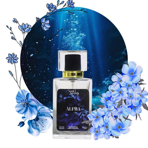 Perfume bottle labeled 'Alpha' surrounded by blue flowers on a dark blue circular background