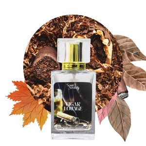 Perfume bottle labeled 'Cigar Lounge' with tobacco leaves and a cigar on a white background