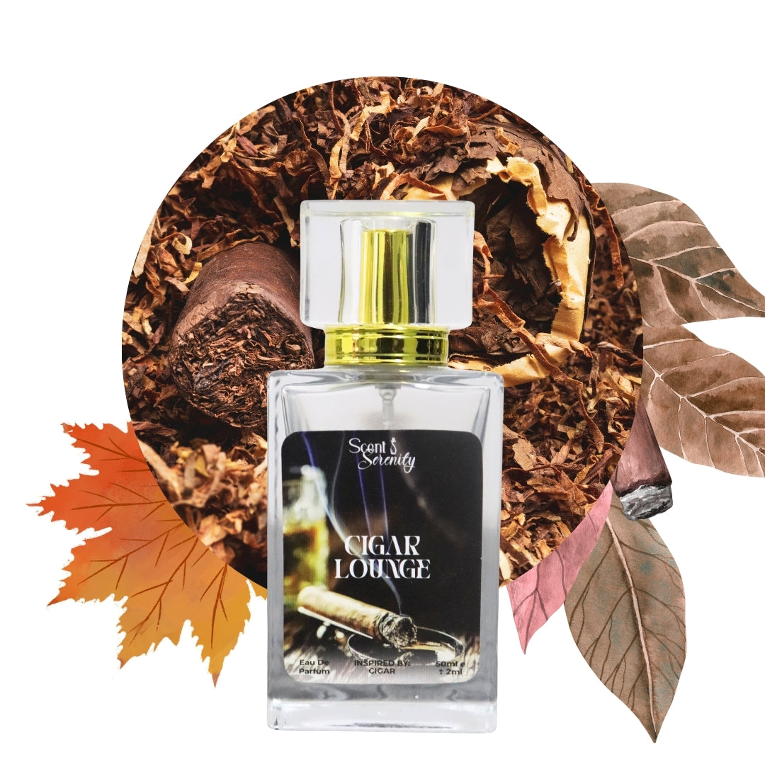 Scents N Serenity / Scent N Serenity-Perfume bottle labeled 'Cigar Lounge' with tobacco leaves and a cigar on a white background