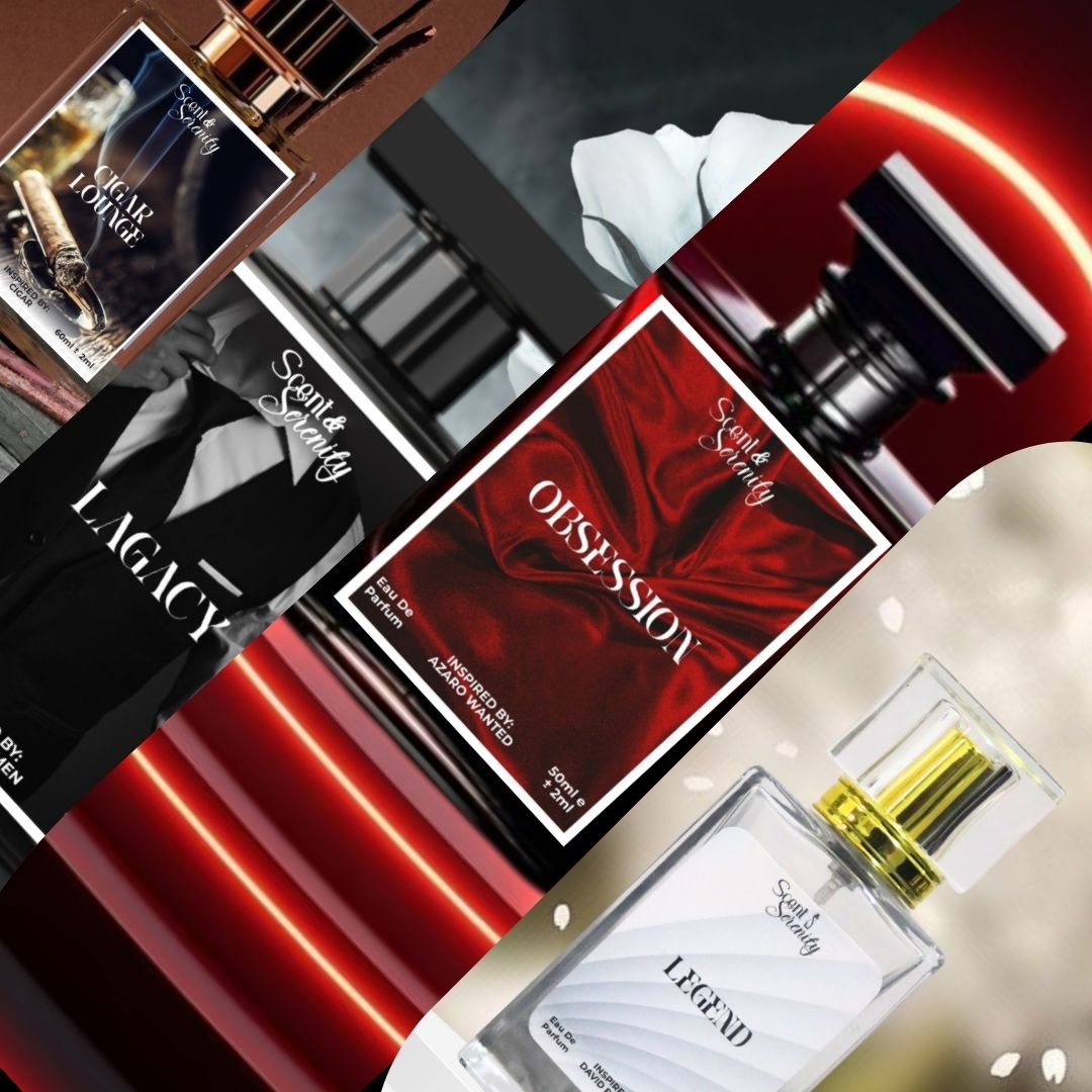 Scents N Serenity / Scent N Serenity-Collection of Scent Story perfume bottles with 'Legacy', 'Obsession', and 'Legend' on a dark background.