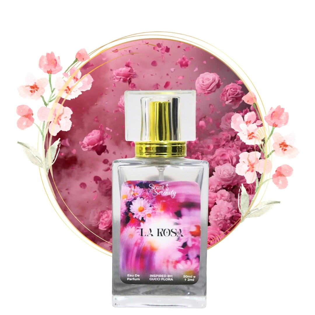 Perfume bottle labeled 'La Rosa' with floral design on a pink floral background