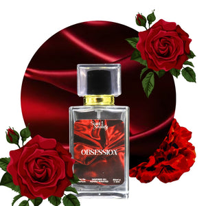 Perfume bottle labeled 'Obsession' with red roses on a white background