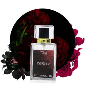 Perfume bottle labeled 'PRESTIGE' with floral background