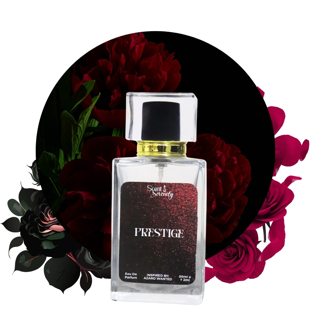 Perfume bottle labeled 'PRESTIGE' with floral background